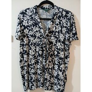 Lauren Ralph Lauren Womens Floral Print Short Sleeve Tie Neck Blouse Top L